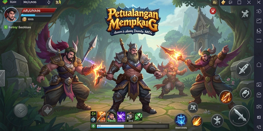 Tampilan gameplay ARJUNA96 menampilkan pertarungan epik dalam dunia fantasi.