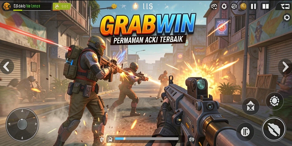 Screenshot utama GRABWIN menampilkan aksi pertempuran seru dalam mode TPS.