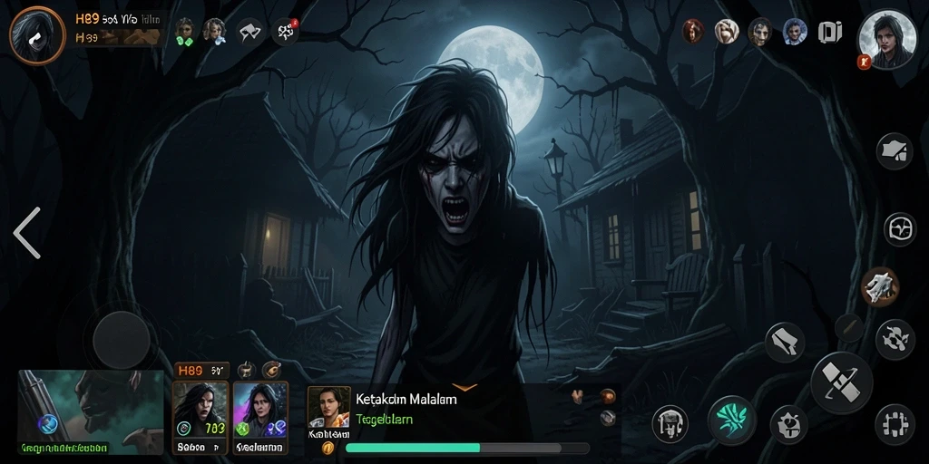Tampilan gameplay H89 dengan suasana menyeramkan dan makhluk-makhluk menyeramkan yang mengintai.