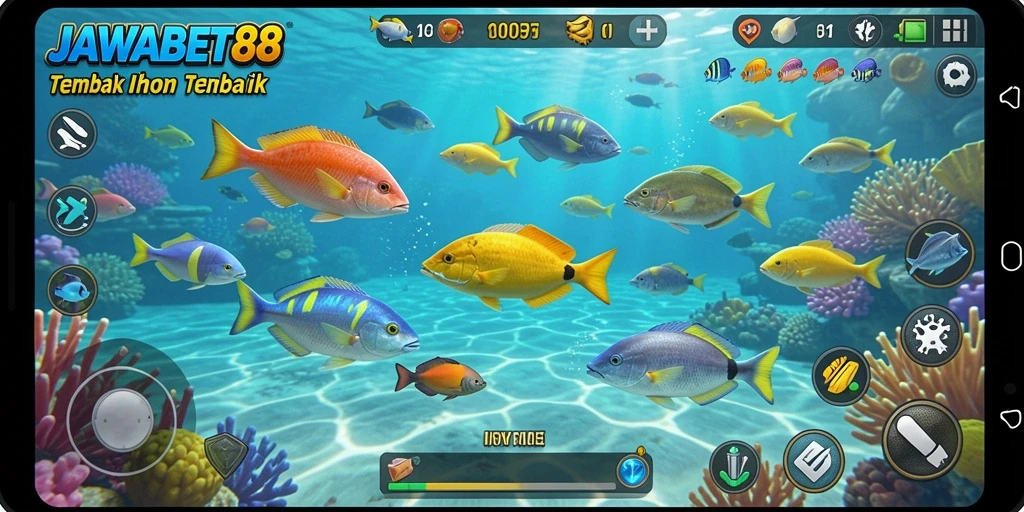 Tampilan gameplay seru dalam JAWABET88 yang menampilkan aksi memancing ikan.