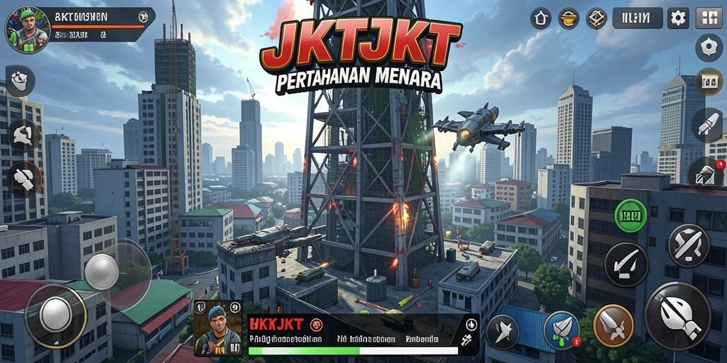 Tangkapan layar JKTJKT menampilkan aksi menara pertahanan yang intens.