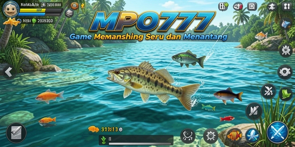 Screenshot menunjukkan gameplay menawan MPO777 saat memancing ikan besar.