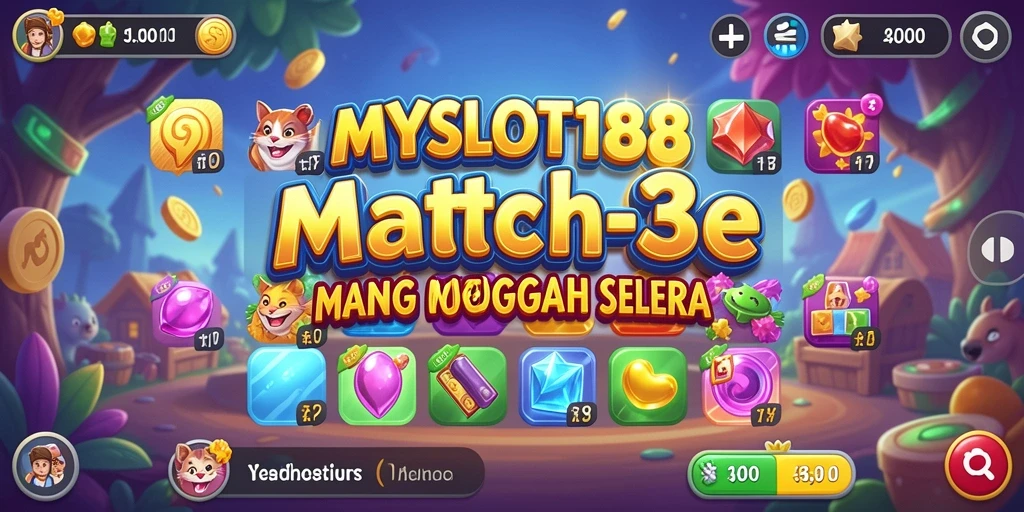 Tangkapan layar utama MYSLOT188 menampilkan gameplay Match-3 yang penuh warna.