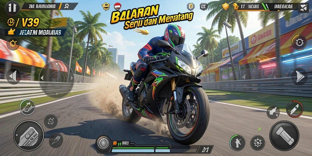 Screenshot V39 menampilkan aksi balapan motor yang mendebarkan.